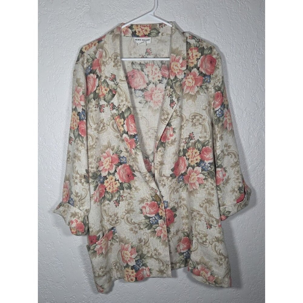 Vintage 80s Alice Stuart Blazer Womens Xl Pink Cream Floral Flax Blend Preppy